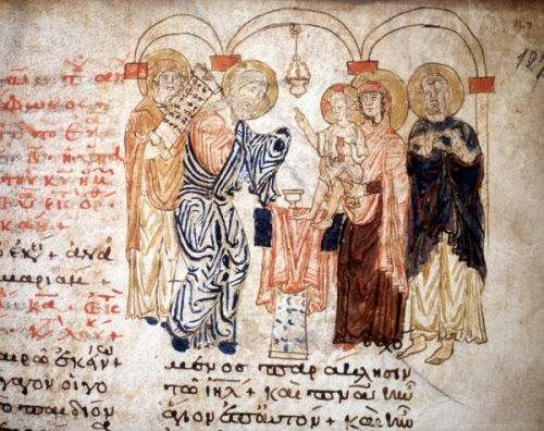 Miniature représentant la présentation de Jésus au Temple. Manuscrit grec du 9eme siècle..jpg