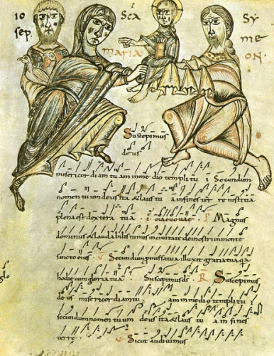 Présentation de Jésus au temple, page de musique sacrée; Miniature, XI ème siècle, Biblioteca Anglica, Rome..jpg